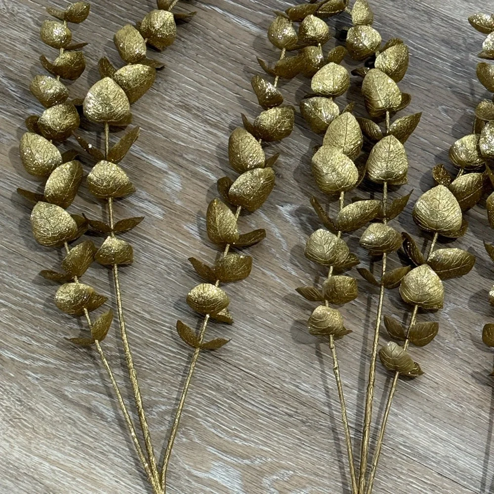 New Gold Metallic Faux Eucalyptus Christmas Floral Stems 26” - Set of 5